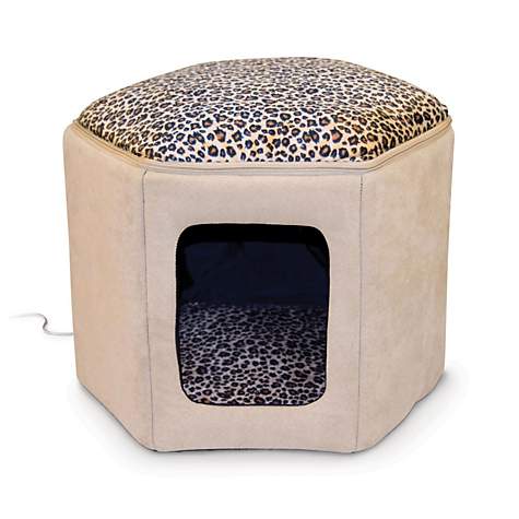 K&H Thermo-Kitty Sleep House Heated Cat Bed in Tan and Leopard Print